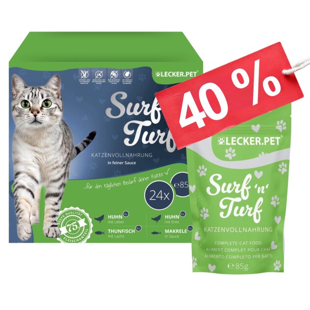 24 - 72 Stk. Lecker.Pet® SurfnTurf Pouches Katzenfutter in feiner Sauce Nassfutter - 4 Sorten Multipack - je 85 g MHD 11/2026