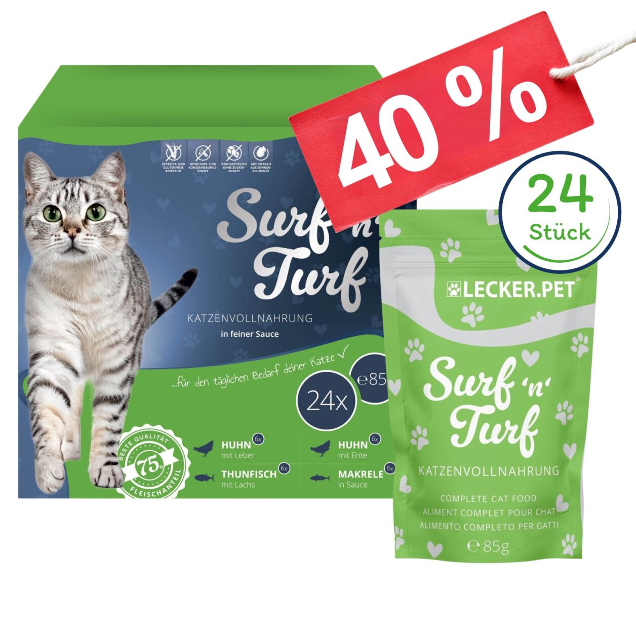 24 x 85 g Lecker.Pet® Surf'n'Turf Pouches Katzenfutter in feiner Sauce Nassfutter - 4 Sorten Multipack MHD 11/2026