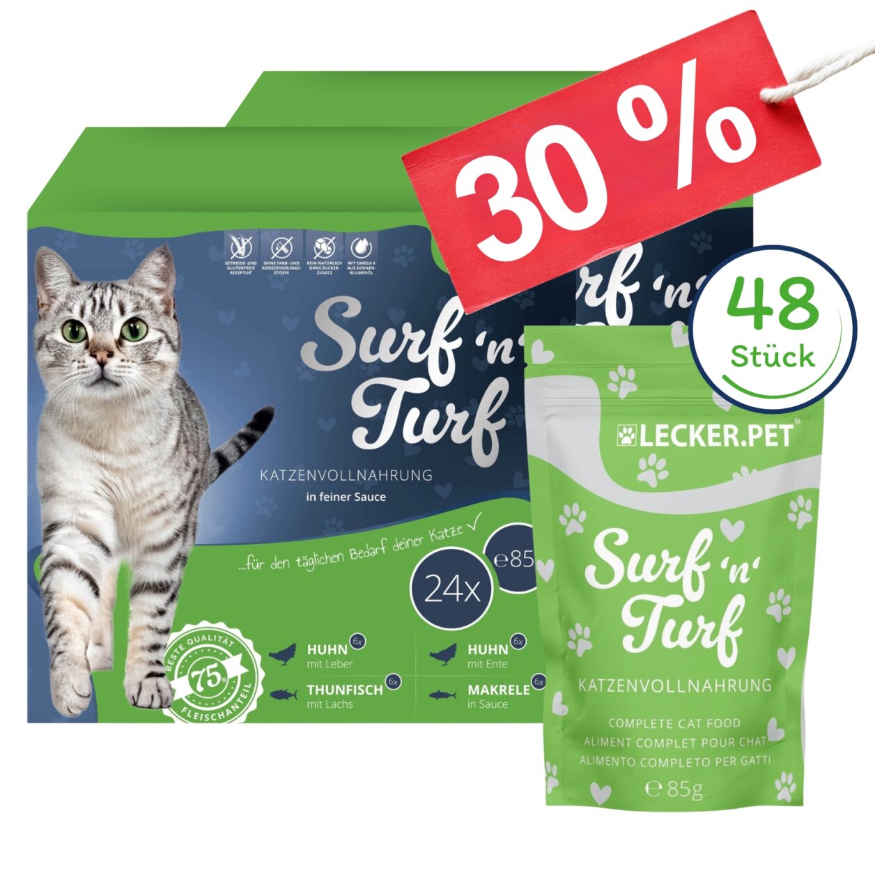 48 X 85 G Lecker.Pet® Surf'n'Turf Pouches Katzenfutter In Feiner Sauce Nassfutter - 4 Sorten Multipack