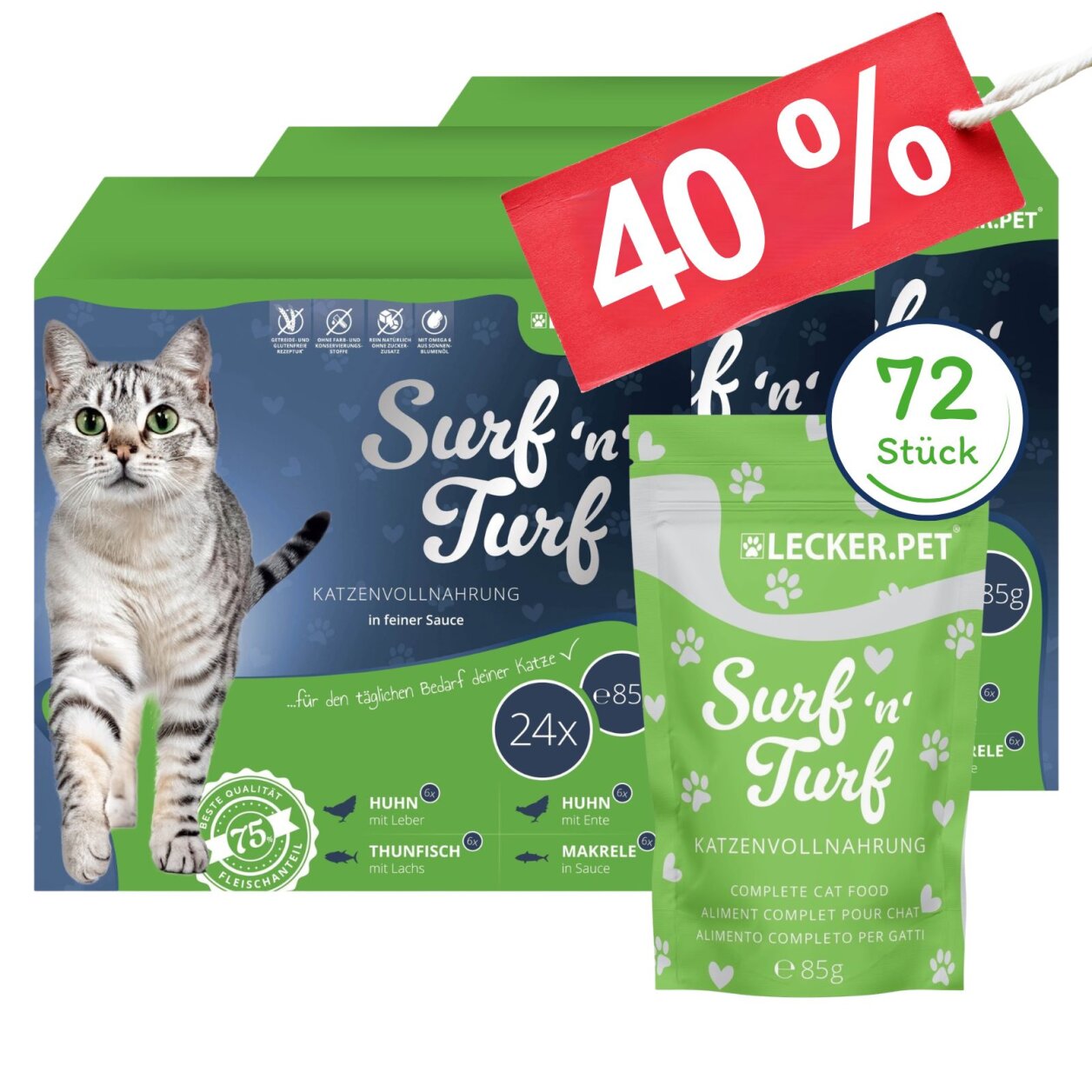 72 x 85 g Lecker.Pet® Surf'n'Turf Pouches Katzenfutter in feiner Sauce Nassfutter - 4 Sorten Multipack MHD 11/2026