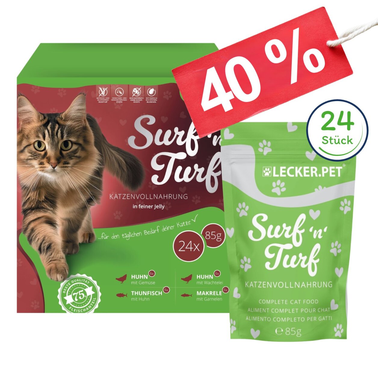 24 x 85 g Lecker.Pet® Surf'n'Turf Pouches Katzenfutter in feiner Jelly Nassfutter - 4 Sorten Multipack MHD 11/2026 B-Ware