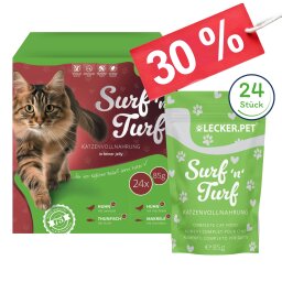 24 x 85 g Lecker.Pet® SurfnTurf Pouches Katzenfutter in feiner Jelly Nassfutter - 4 Sorten Multipack