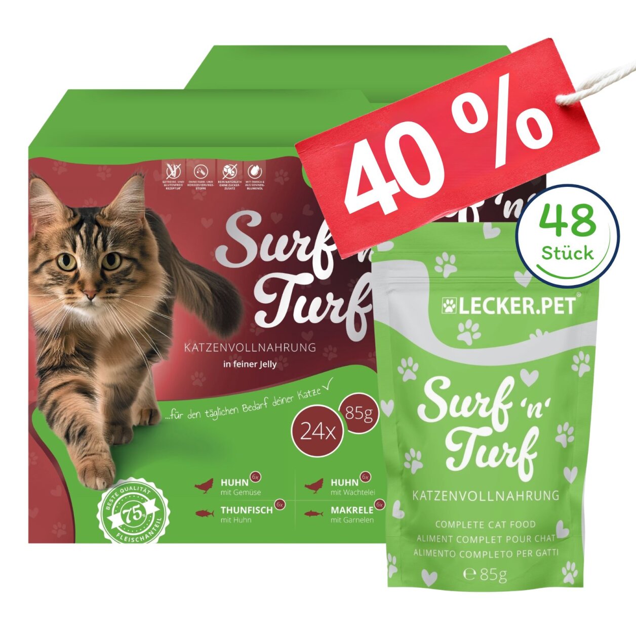 48 x 85 g Lecker.Pet® Surf'n'Turf Pouches Katzenfutter in feiner Jelly Nassfutter - 4 Sorten Multipack MHD 11/2026