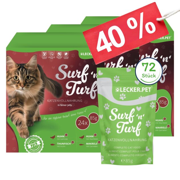 72 x 85 g de friandises pour chats en jelly Lecker.Pet® SurfnTurf Pouches - 4 sortes de multipacks