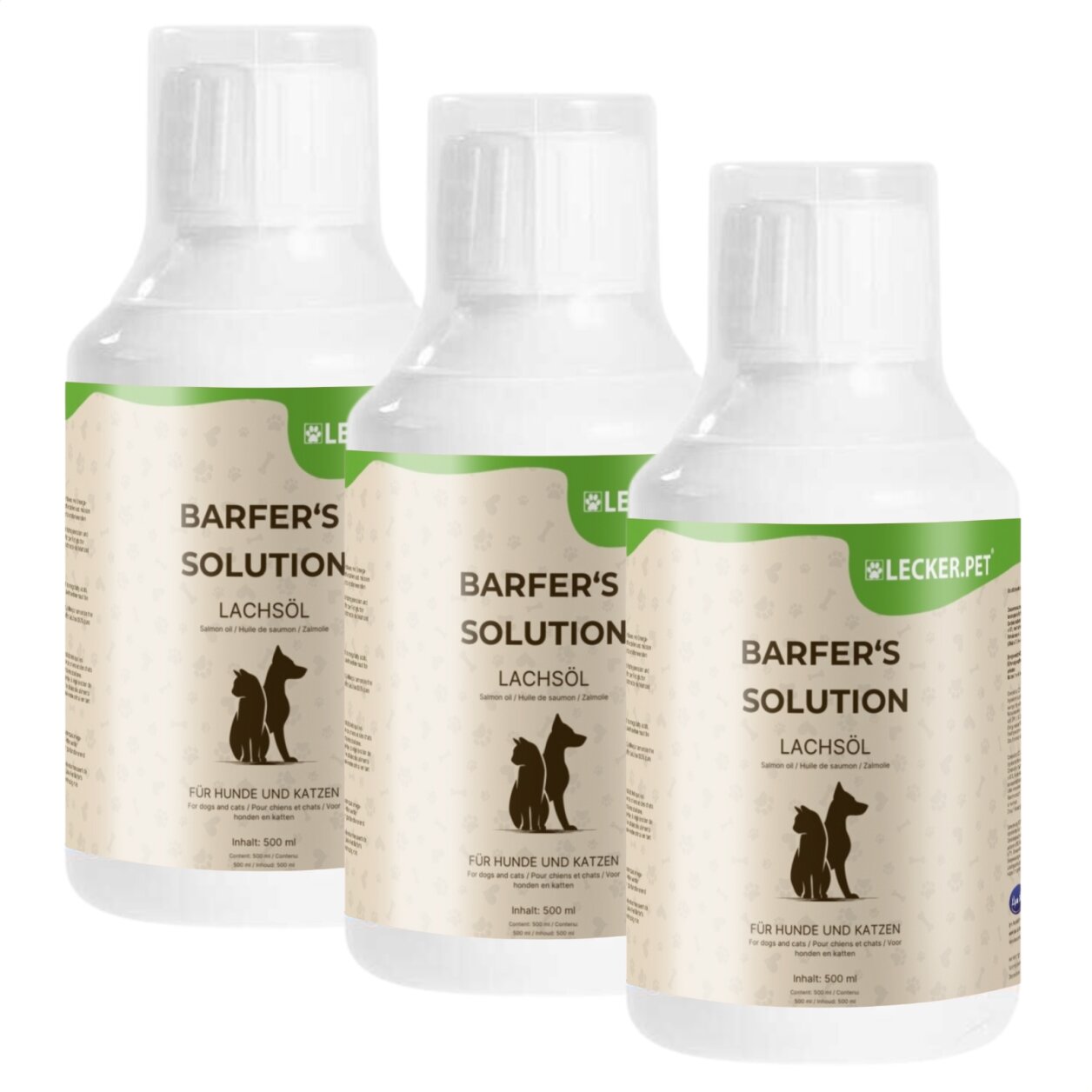 3 x 500 ml Lecker.Pet® Barfer's Solution 100 % Lachsöl für Hunde & Katzen