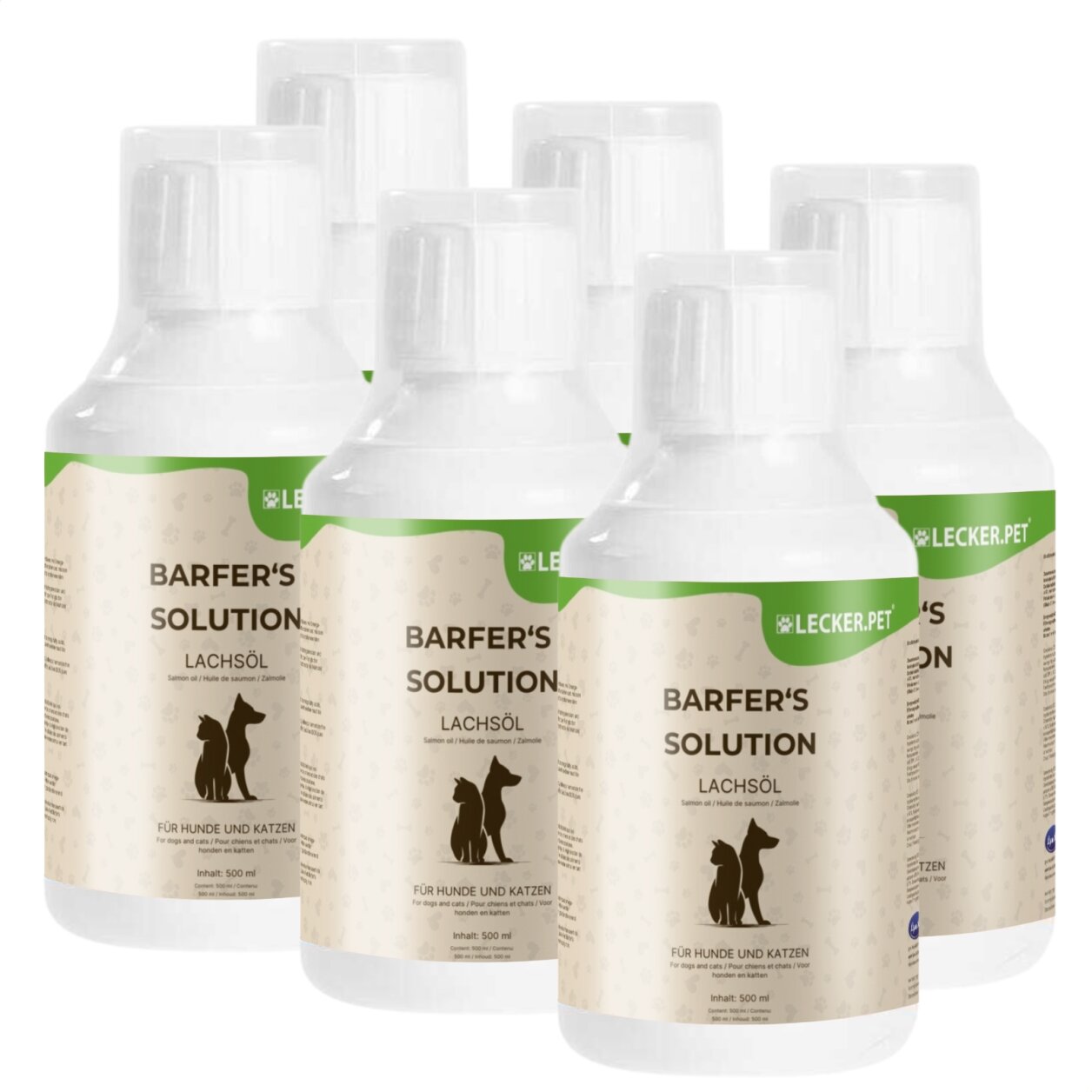 6 X 500 Ml Lecker.Pet® Barfer's Solution 100 % Lachsöl Für Hunde & Katzen