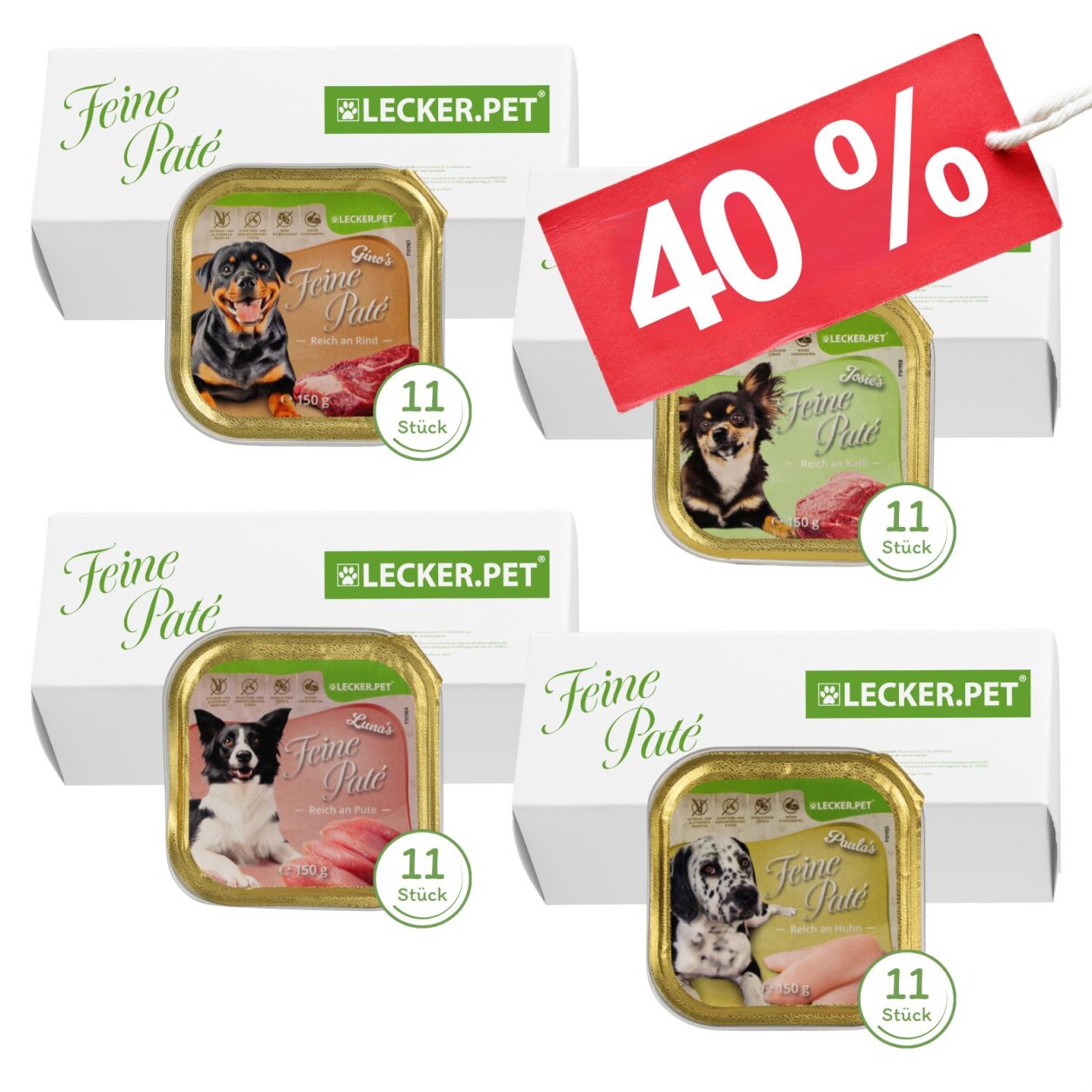 44 x 150 g Lecker.Pet® Gino's, Josie's, Luna's & Paula's Feine Paté Hundefutter Nassfutter Mix Vollnahrung - je Sorte 11 Schalen