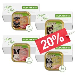 44 x 150 g Lecker.Pet® Ginos, Josies, Lunas & Paulas Feine Paté Hundefutter Nassfutter Mix Vollnahrung - je Sorte 11 Schalen