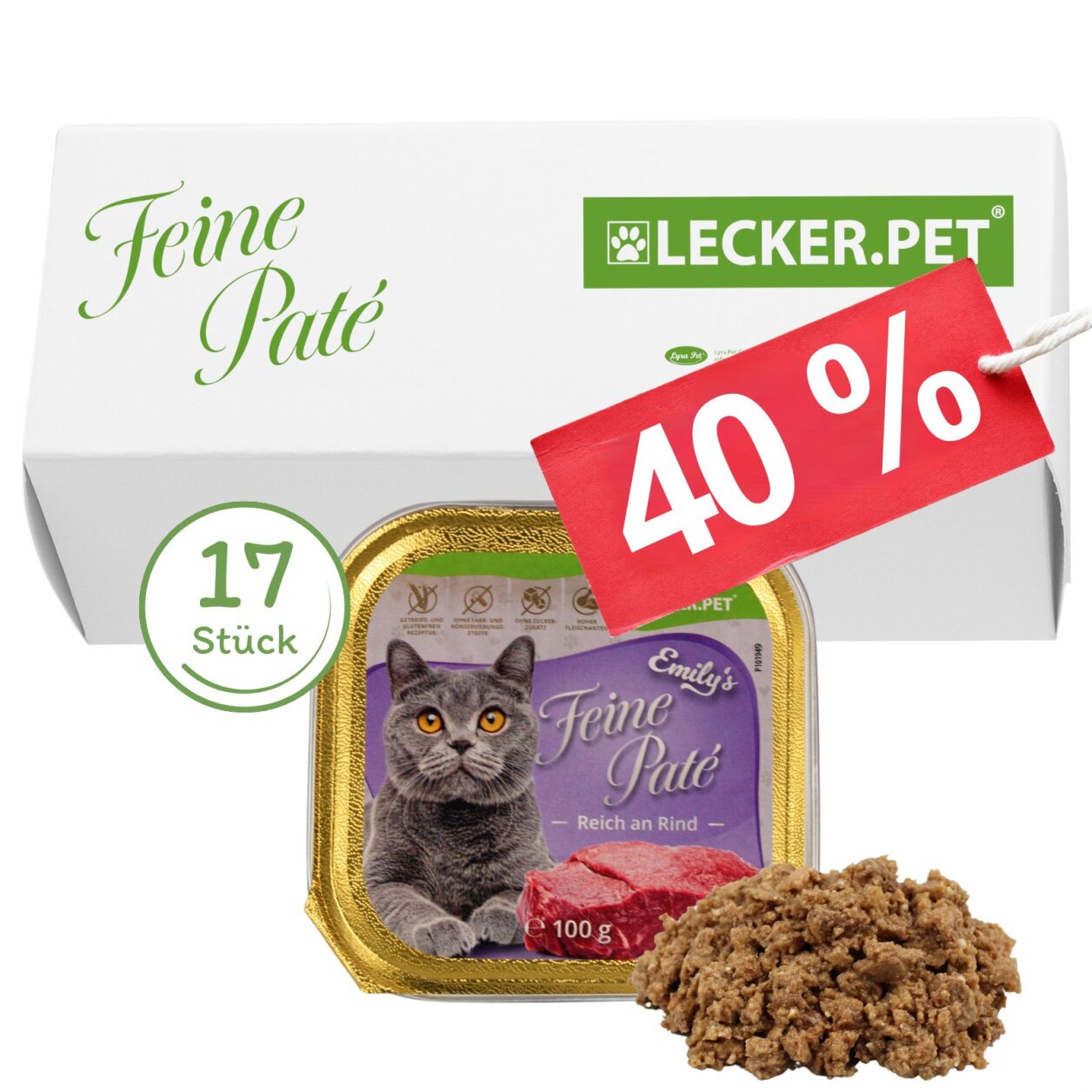 17 x 100 g Lecker.Pet® Emily's Feine Paté Reich an Rind Katzenfutter Nassfutter Vollnahrung