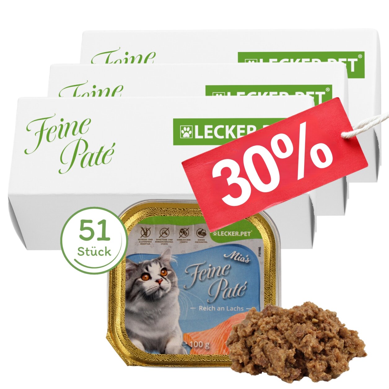 51 X 100 G Lecker.Pet® Mia's Feine Paté Reich An Lachs Katzenfutter Nassfutter Vollnahrung