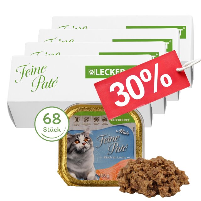 68 X 100 G Lecker.Pet® Mia's Feine Paté Reich An Lachs Katzenfutter Nassfutter Vollnahrung
