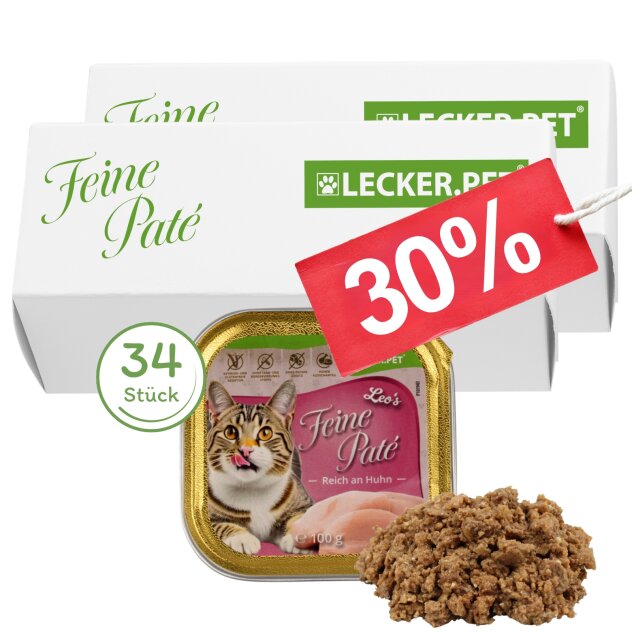 34 x 100 g Lecker.Pet® Leos Feine Paté Reich an Huhn Katzenfutter Nassfutter Vollnahrung