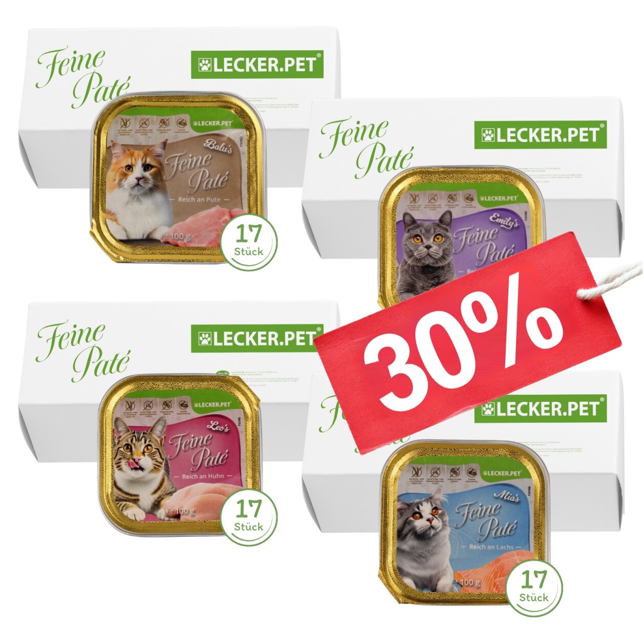 68 X 100 G Lecker.Pet® Balu's, Emily's, Leo's & Mia's Feine Paté Katzenfutter Nassfutter Mix Vollnahrung - Je Sorte 17 Schalen