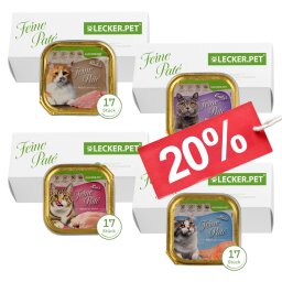 68 x 100 g Lecker.Pet® Balus, Emilys, Leos & Mias Feine Paté Katzenfutter Nassfutter Mix Vollnahrung - je Sorte 17 Schalen