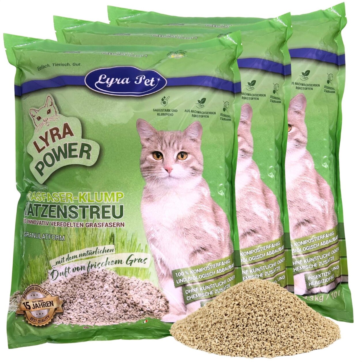 3 x 10 Liter Lyra Pet® Lyra Power Grasfaser Katzenstreu klumpend