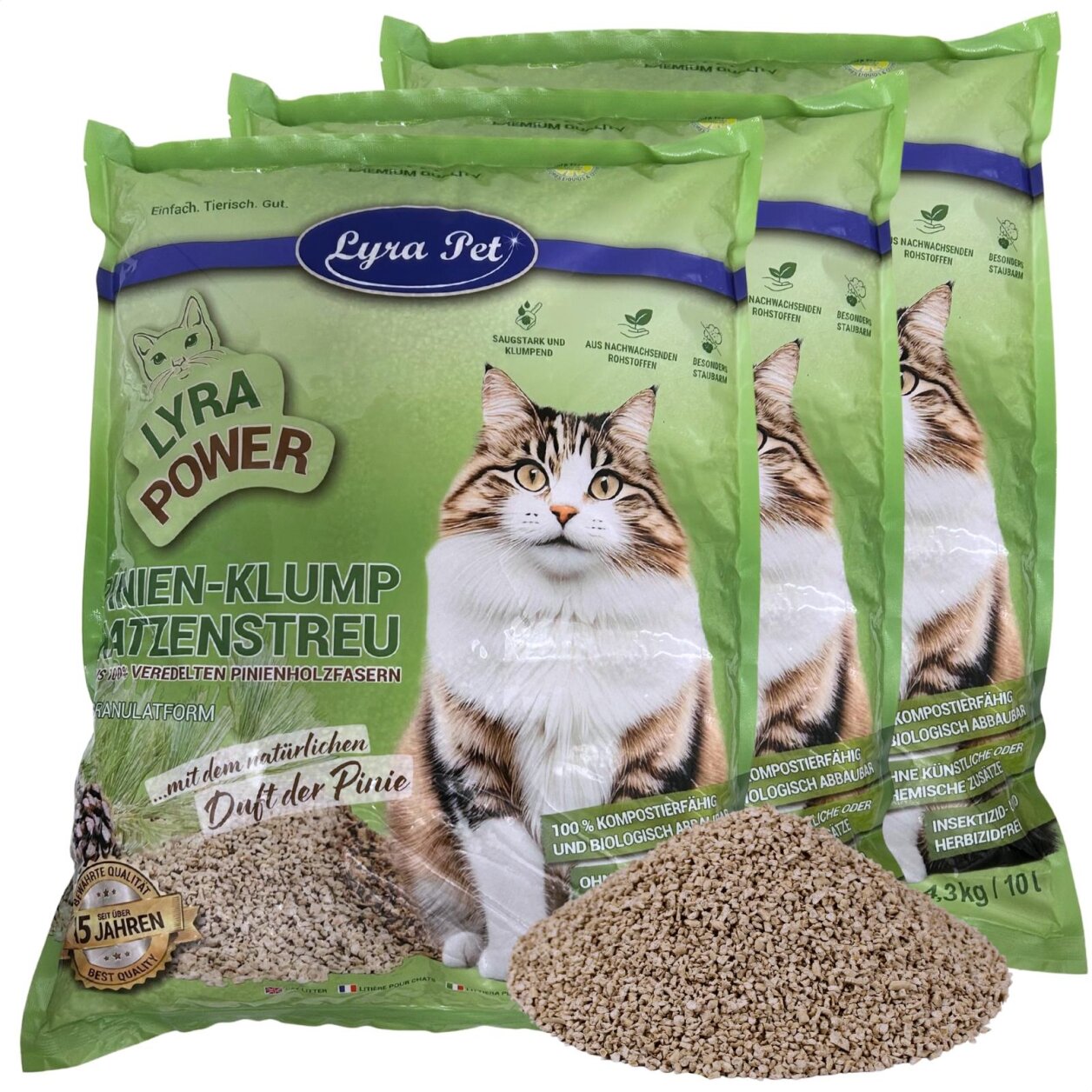 3 x 10 Liter Lyra Pet® Lyra Power Pinien Katzenstreu klumpend