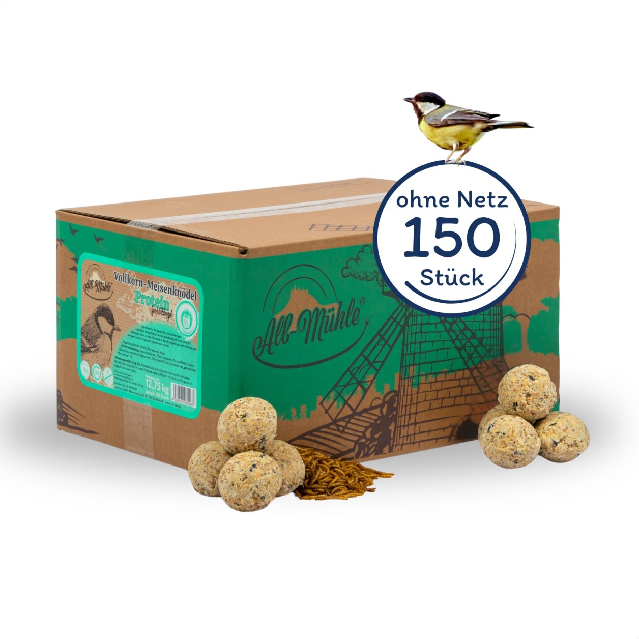 150 Stk. Lyra Pet® Meisenknödel aus der Alb-Mühle Protein mit Mehlwürmern ohne Netz à 85 g