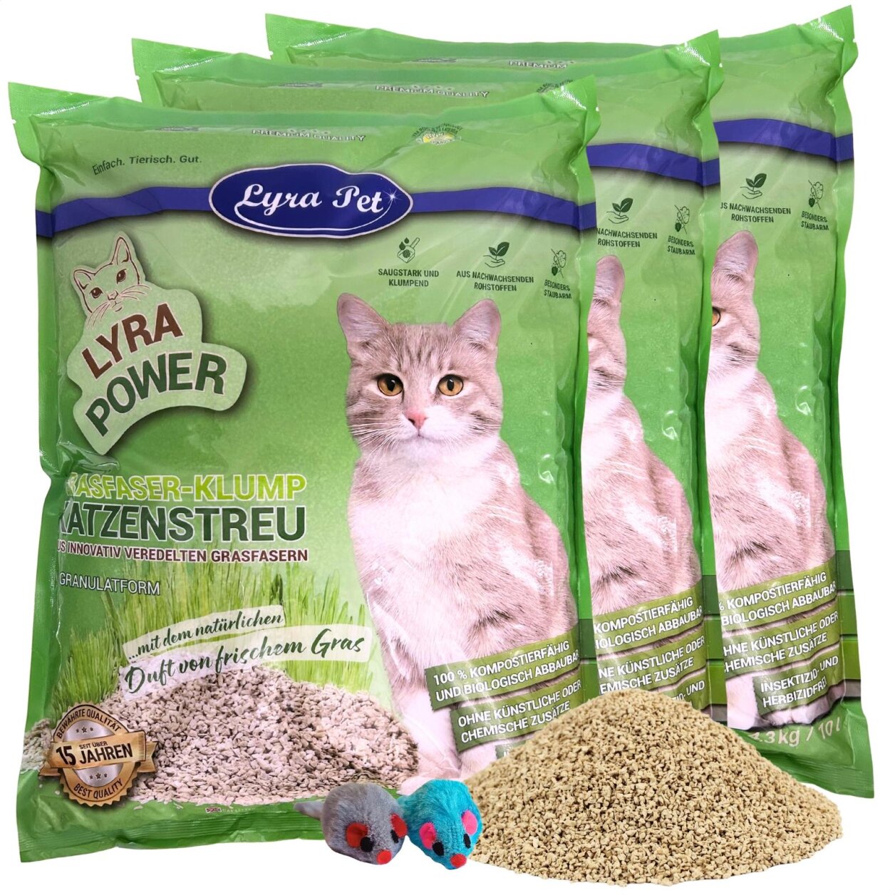 3 x 10 Liter Lyra Pet® Lyra Power Grasfaser Katzenstreu klumpend + 2 Mäuse