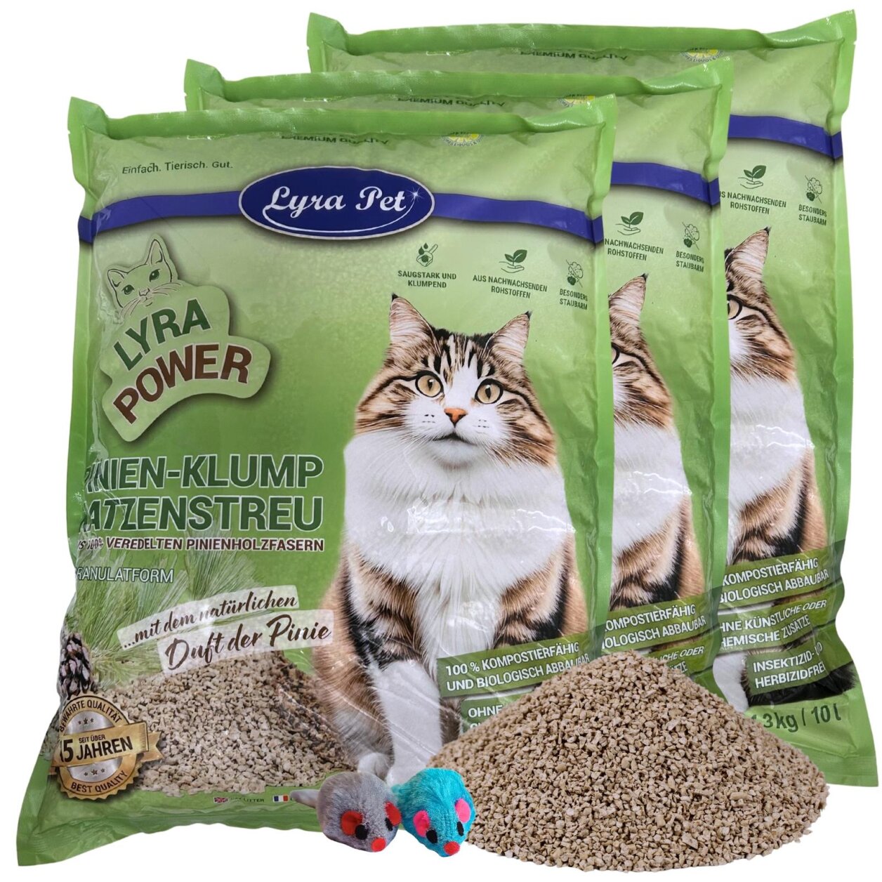 3 x 10 Liter Lyra Pet® Lyra Power Pinien Katzenstreu klumpend + 2 Mäuse