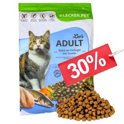 2,5 kg Lecker.Pet® Leos Adult Geflügel & Forelle Katzenfutter Trockenfutter Vollnahrung MHD 4/2026