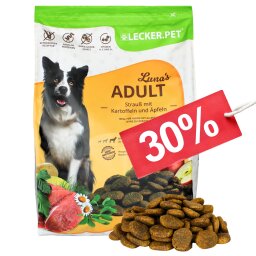 4 kg Lecker.Pet® Lunas Adult Strauß mit Kartoffel & Apfel Hundefutter Trockenfutter Vollnahrung MHD 3/2026