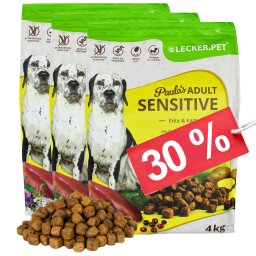 12 kg de friandise.Pet® Paulas Adult Sensitive Canard & Pomme de terre Nourriture sèche pour chiens Nourriture complète MHD 4/2026