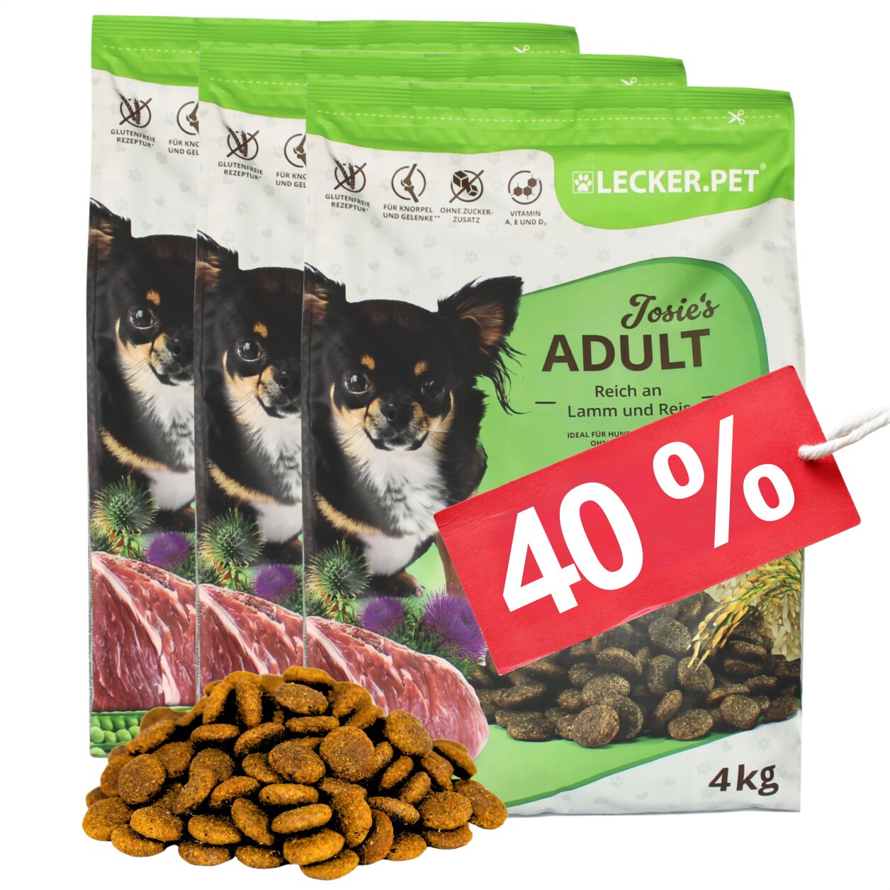 12 kg Lecker.Pet® Josie's Adult Lamm & Reis Hundefutter Trockenfutter Vollnahrung
