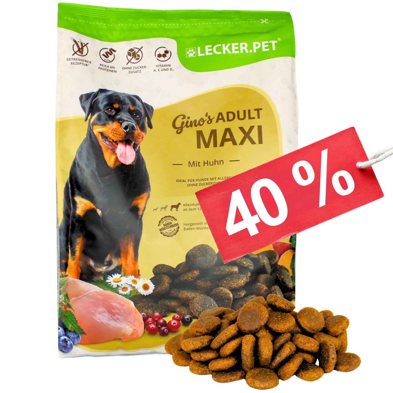 4 kg Lecker.Pet® Gino's Adult Maxi mit Huhn Hundefutter Trockenfutter Vollnahrung