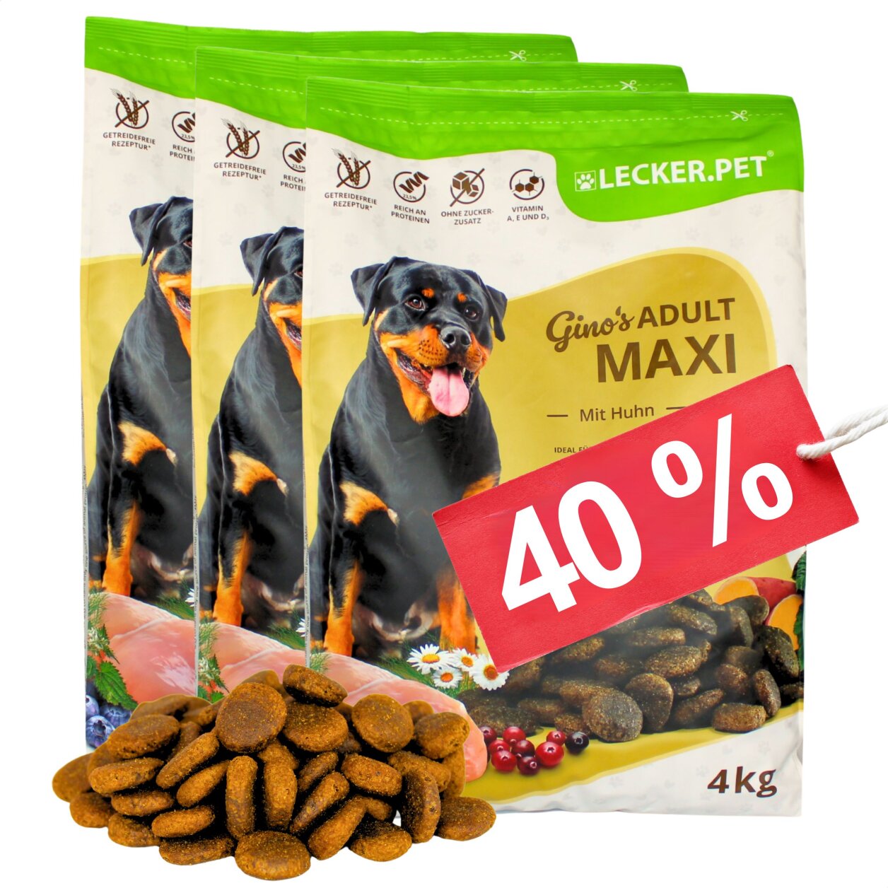 12 kg Lecker.Pet® Gino's Adult Maxi mit Huhn Hundefutter Trockenfutter Vollnahrung