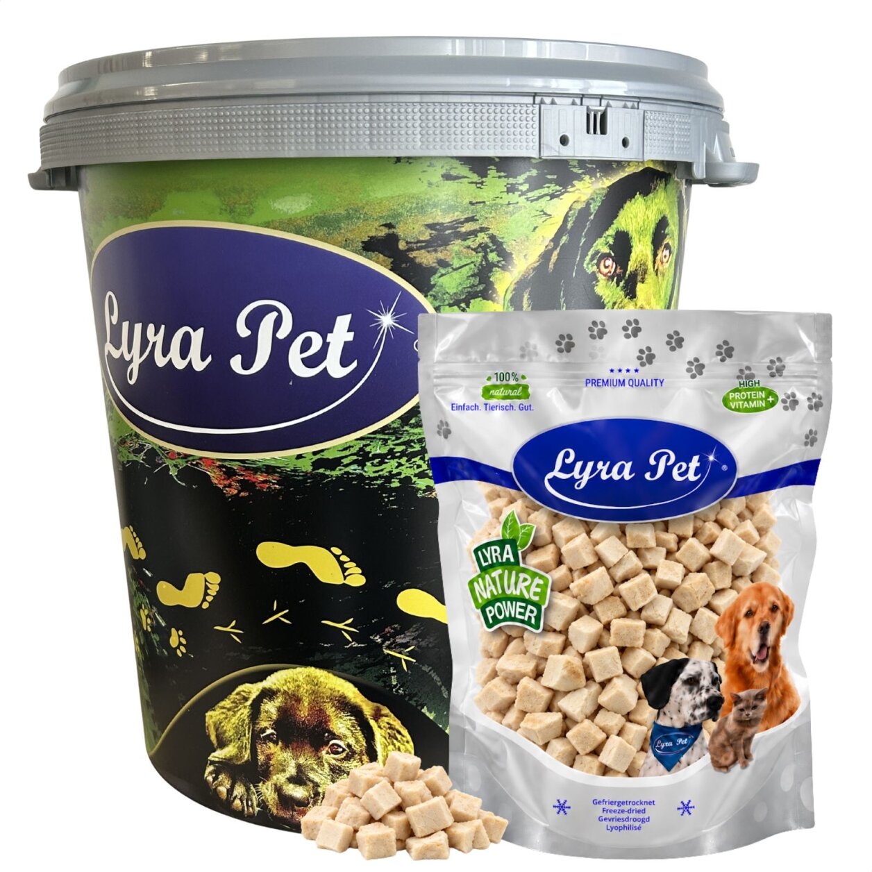 1 kg (5 x 200 g) Lyra Pet® Hühnerbrustwürfel gefriergetrocknet in 30 L Tonne