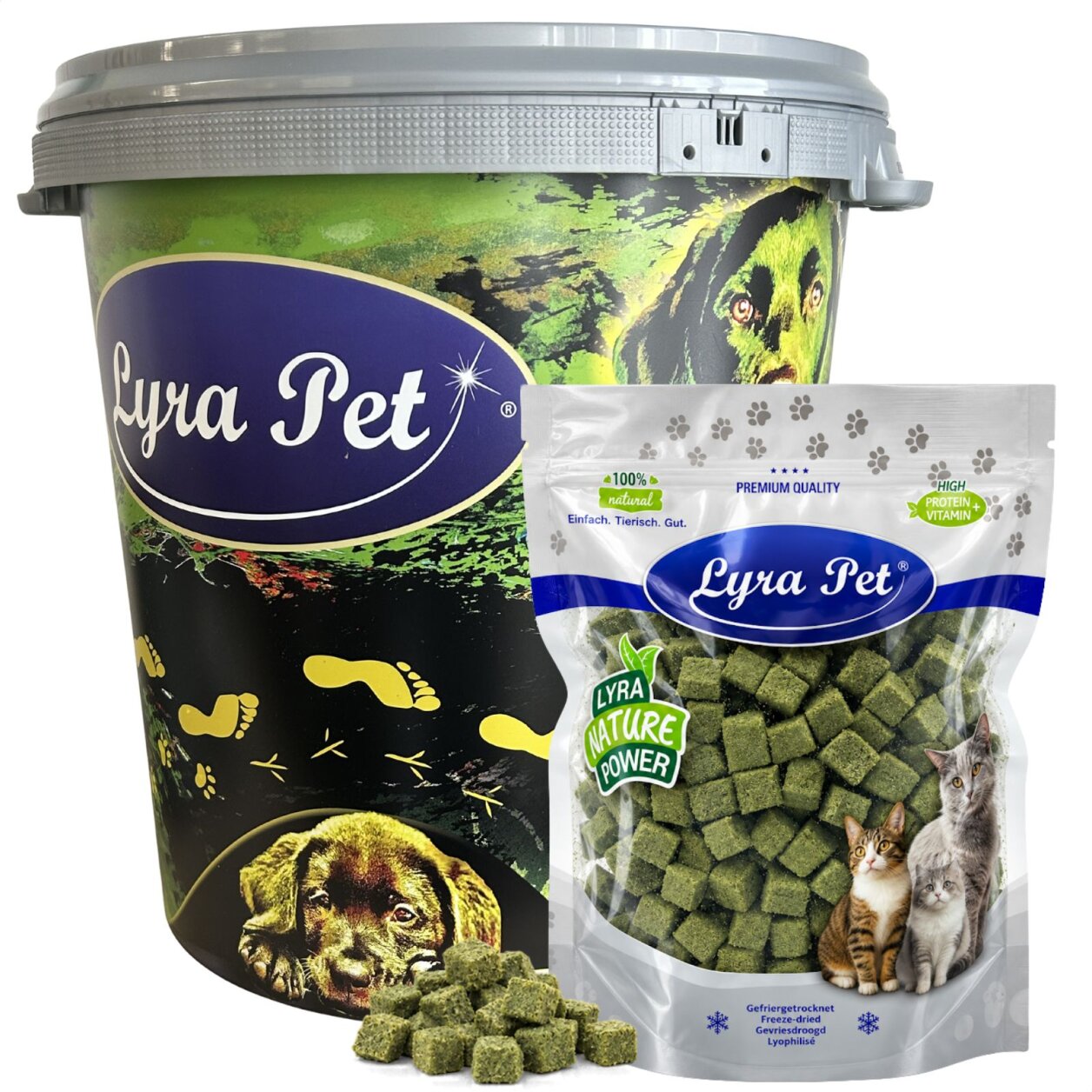 1 kg (5 x 200 g) Lyra Pet® Katzengraswürfel gefriergetrocknet in 30 L Tonne