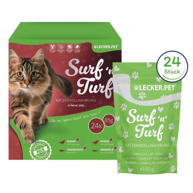 24 x 85 g Lecker.Pet® SurfnTurf Pouches Katzenfutter in feiner Jelly Nassfutter - 4 Sorten Multipack MHD 11/2026 B-Ware
