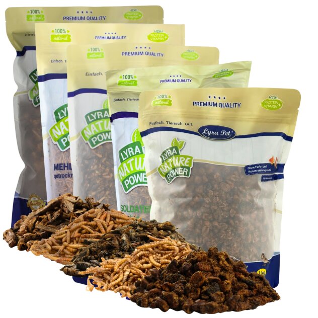 5 x 1 kg Lyra Pet® Mélange dinsectes séchés - grillons, sauterelles, vers de farine, larves de mouches soldat & vers à soie