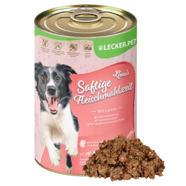 6 x 400 g Lecker.Pet® Lunas Saftige Fleischmahlzeit mit Lamm Hundefutter Nassfutter MHD 10/2026 B-Ware