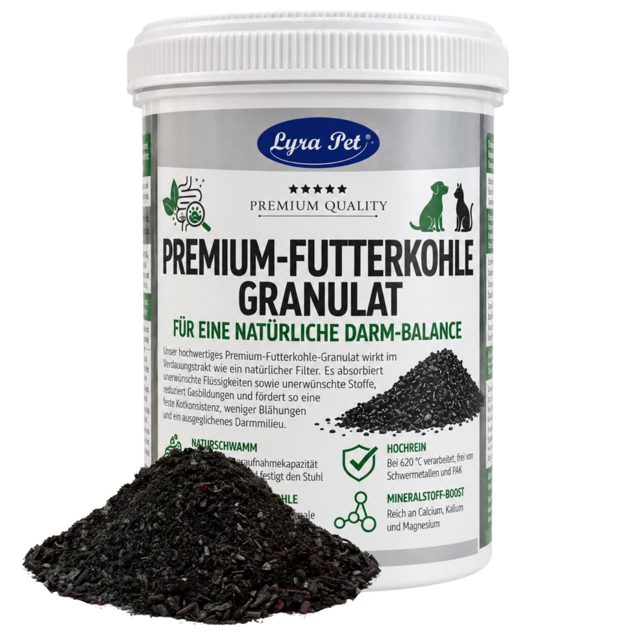 250 g Lyra Pet® Premium-Futterkohle Pflanzenkohle Granulat für Hunde & Katzen