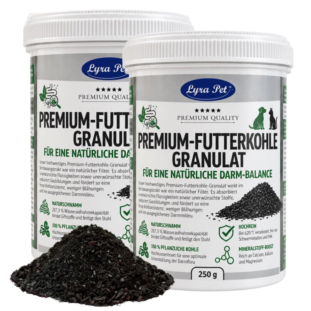 500 g (2 x 250 g) Lyra Pet® Premium-Futterkohle Pflanzenkohle Granulat für Hunde & Katzen