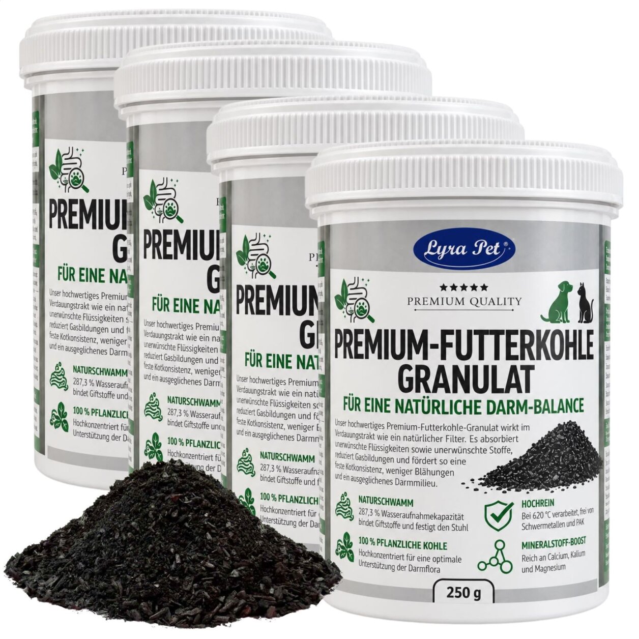 1 kg (4 x 250 g) Lyra Pet® Premium-Futterkohle Pflanzenkohle Granulat für Hunde & Katzen