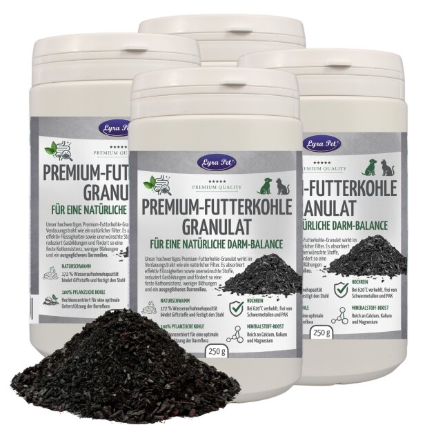 1 kg (4 x 250 g) Lyra Pet® Premium-voedingskool, plantaardige houtskoolkorrels voor honden en katten