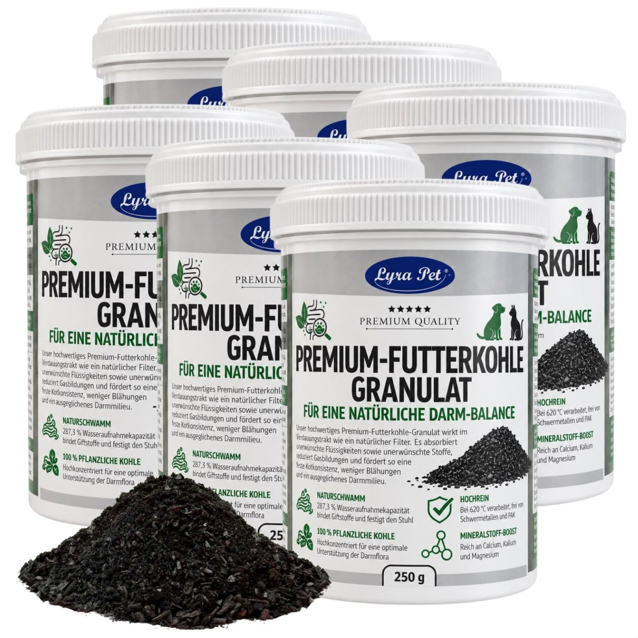 1,5 kg (6 x 250 g) Lyra Pet® Premium-Futterkohle Pflanzenkohle Granulat für Hunde & Katzen