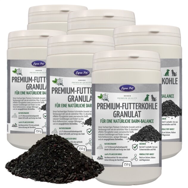 1,5 kg (6 x 250 g) Lyra Pet® Premium-voedingskool, plantaardige houtskoolkorrels voor honden en katten