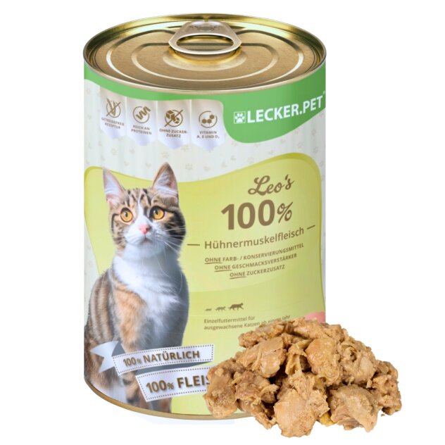 6 x 400 g de nourriture humide pour chats Lecker.Pet® Leos 100 % muscle de poulet