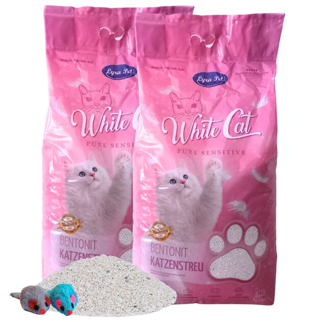 2 x 15 Liter Lyra Pet® White Cat® Pure Sensitive Katzenstreu Bentonit ohne Duft + 2 Mäuse
