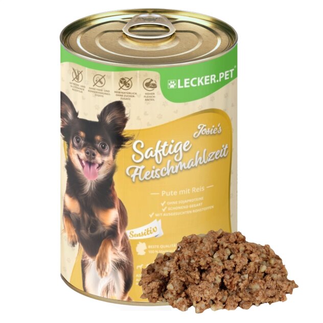 6 x 400 g de repas de viande juteuse Josies Sensitiv à la dinde et au riz, nourriture humide pour chiens